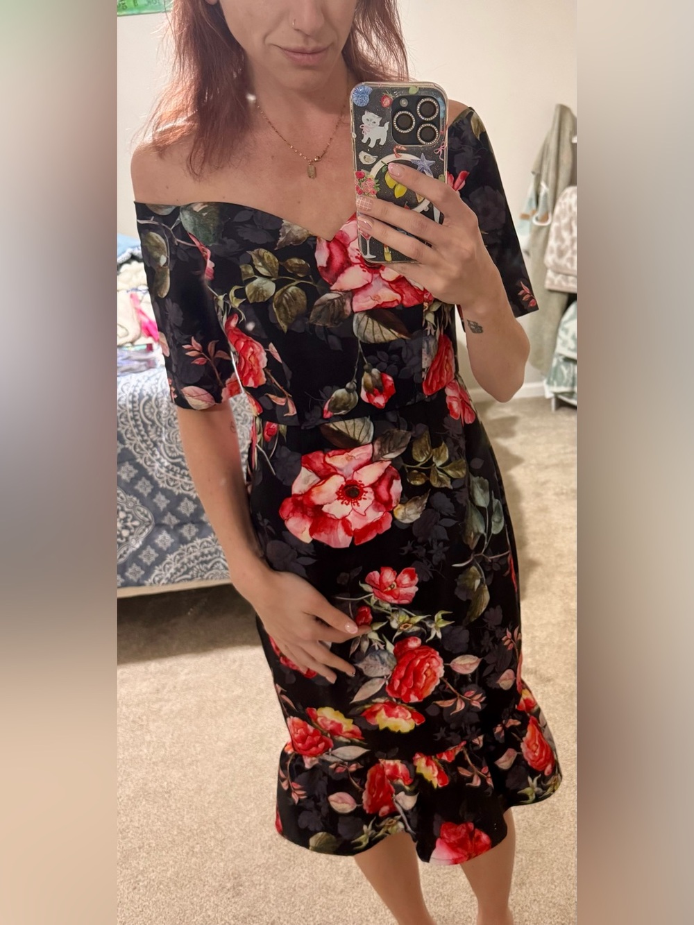 Black Off-The- Shoulder Floral Midi Dress with Red & Pink Blooms